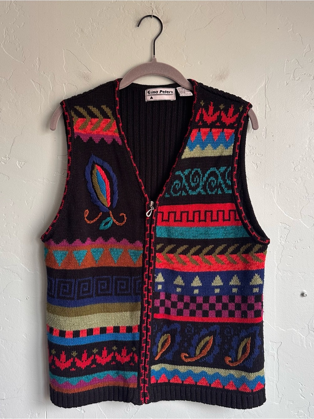 Vintage Gina Peters Patterned Knit Sweater Vest Women Medium EUC Cottagecore